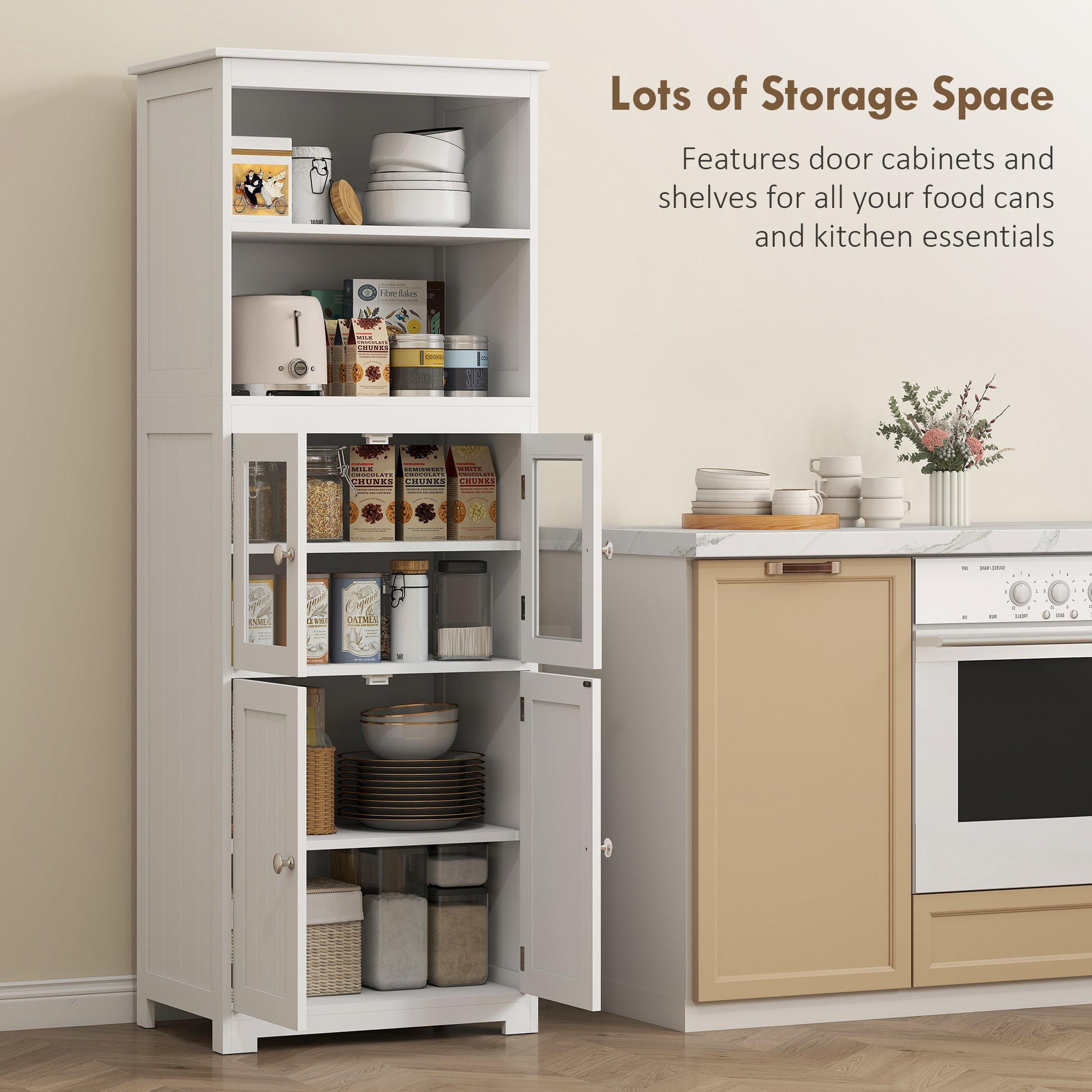 63" Small Buffet with Hutch, 4-Door Kitchen Pantry, Freestanding Storage Cabinet with Adjustable Shelf for Dining Room, 