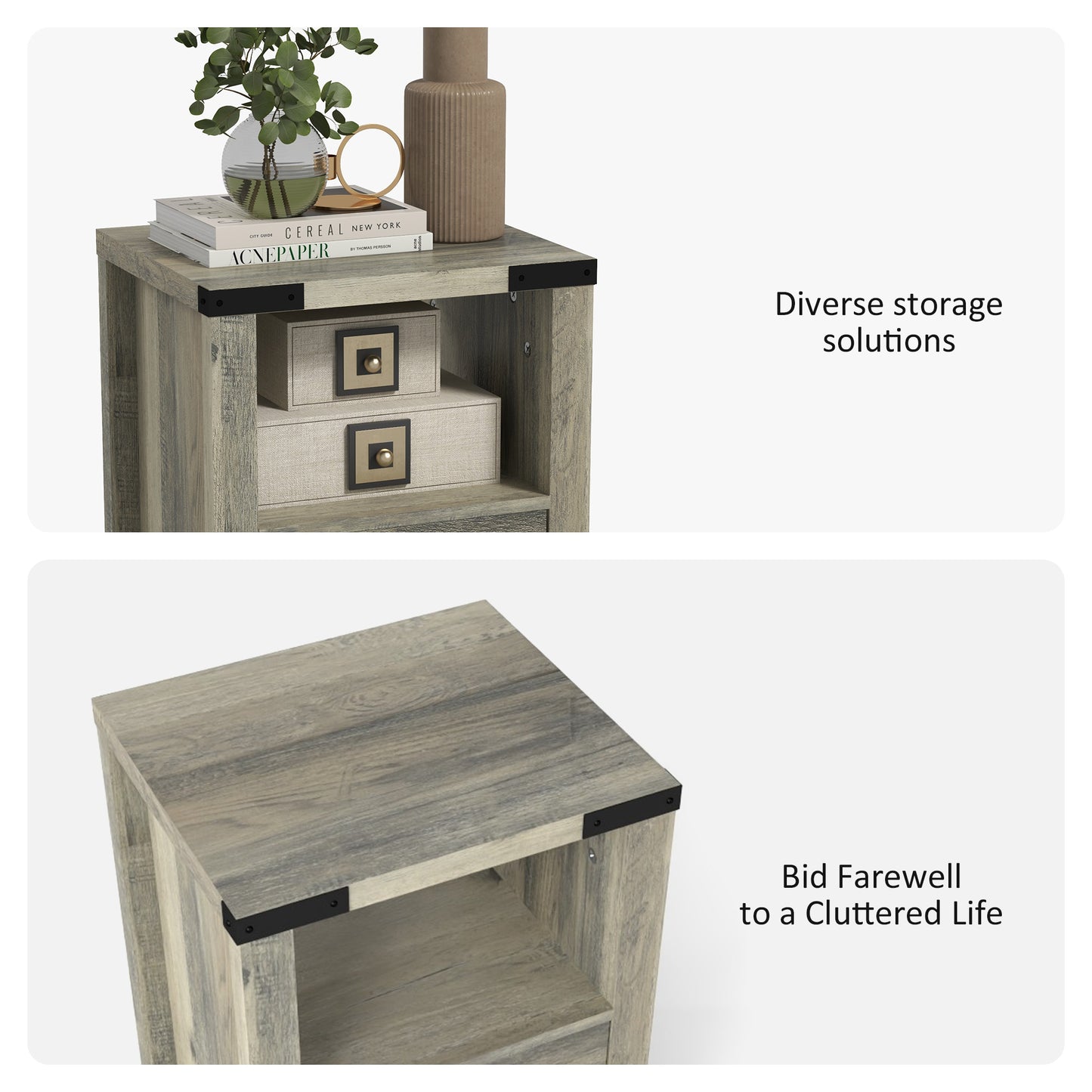 Small Side Table with Storage, Farmhouse End Table with Drawer, Open Shelf and Barn-style Panel, Nightstand for Living R