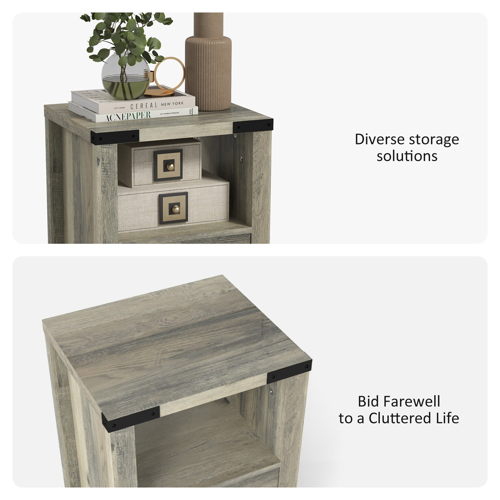 Small Side Table with Storage, Farmhouse End Table with Drawer, Open Shelf and Barn-style Panel, Nightstand for Living R