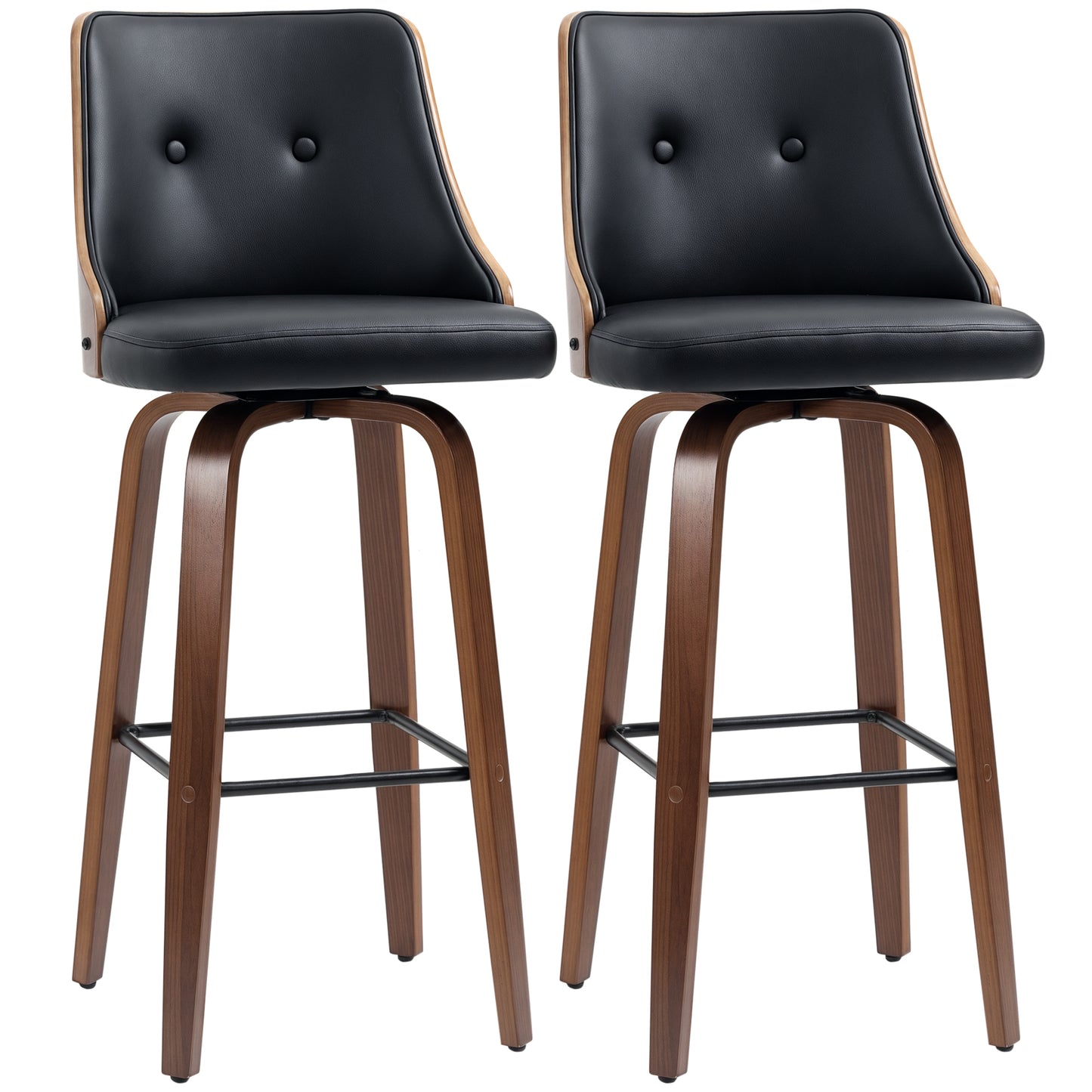 Bar Height Bar Stools Set of 2, PU Leather Upholstered Swivel Barstools with Solid Wood Legs Footrest and Tufted Back, B