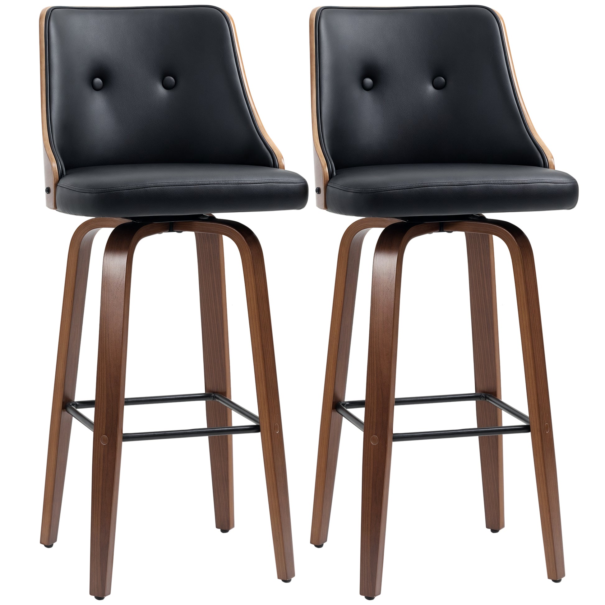 Bar Height Bar Stools Set of 2, PU Leather Upholstered Swivel Barstools with Solid Wood Legs Footrest and Tufted Back, B