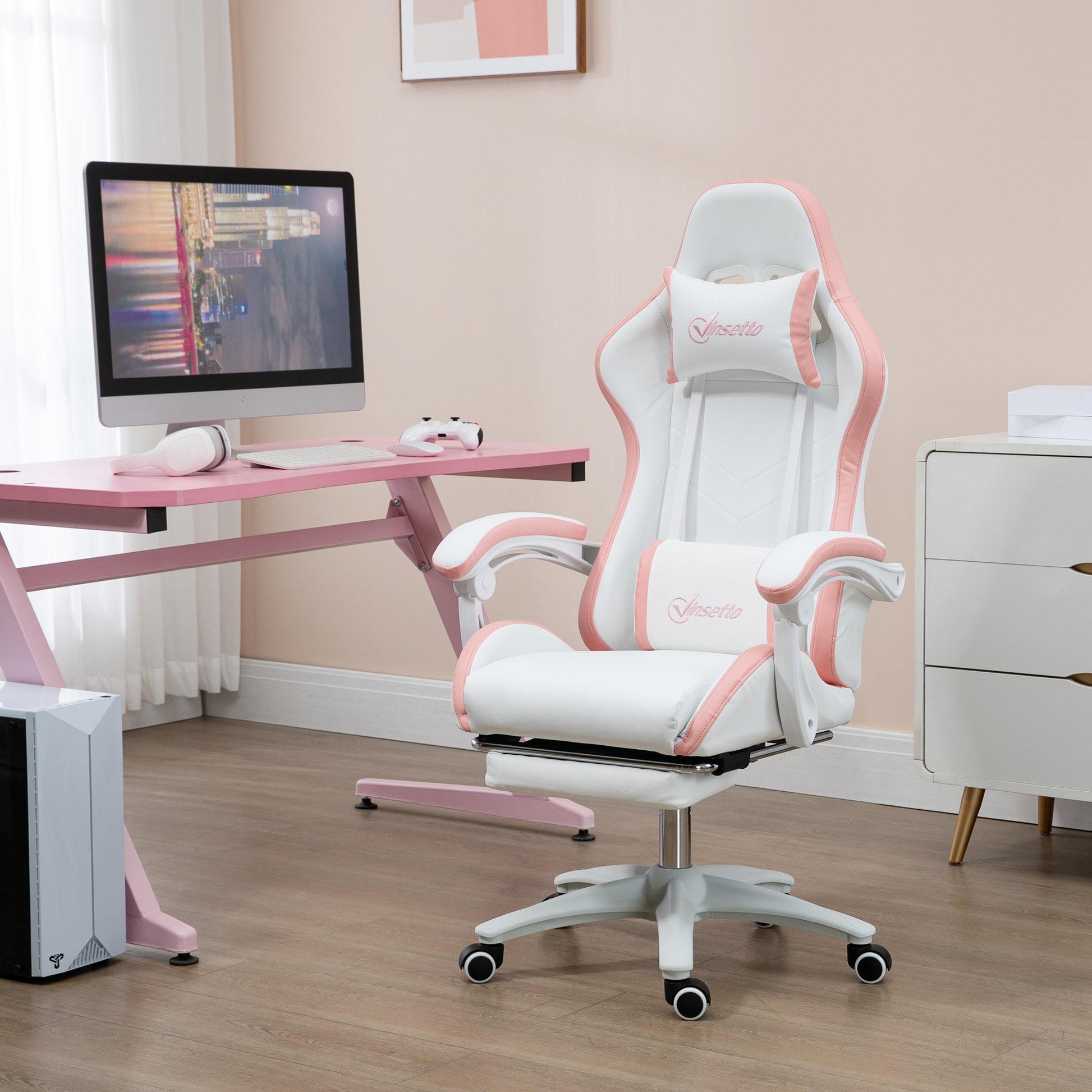 Computer Gaming Chair, PU Leather Office Desk Chair with Footrest, Swivel Wheels, 135° Reclining Back, White