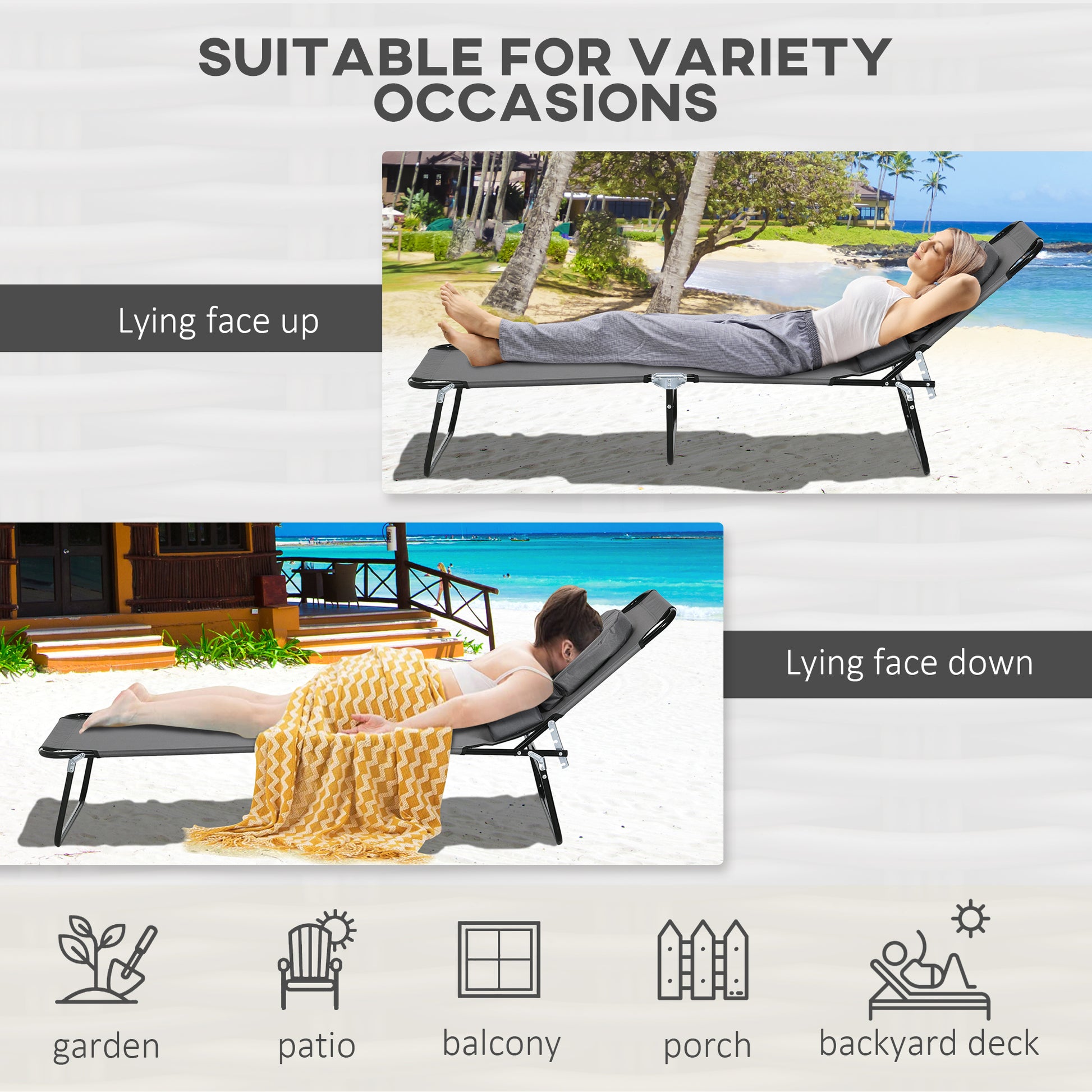 Folding Lounge Chair Set of 2, Reclining Beach Tanning Chair with Face Hole, Pillow, 4-Position Adjustable Flat Sun Loun