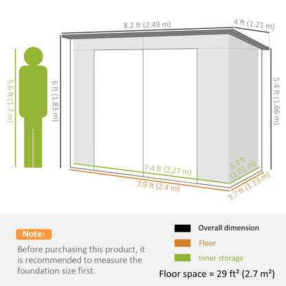 8 x 4 ft Galvanized Garden Storage Shed, Metal Outdoor Tool House with Double Doors and Dual Vents for Backyard and Pati