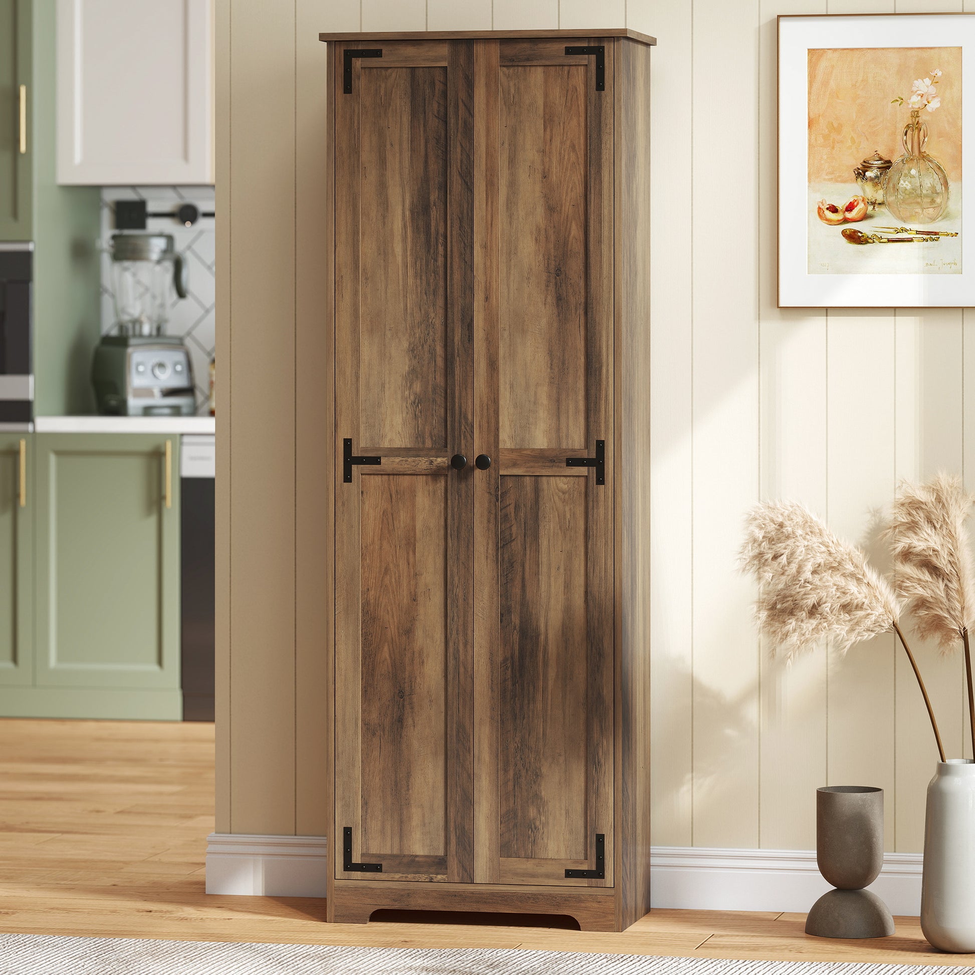 67" Farmhouse Pantry Cabinet with 2 Doors, Tall Storage Cabinet with Adjustable Shelves, Brown Wood Grain