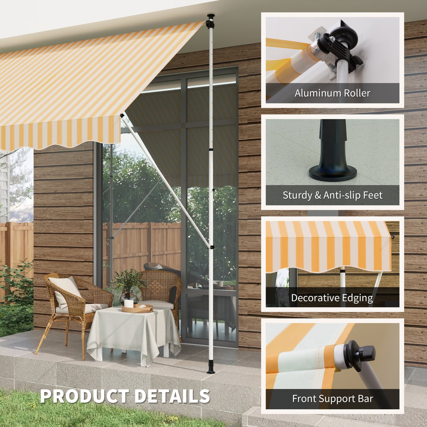 10x5ft Manual Retractable Awning, Patio Sun Shade Canopy Shelter with 5.6-9.2ft Support Pole, Water Resistant UV Protect