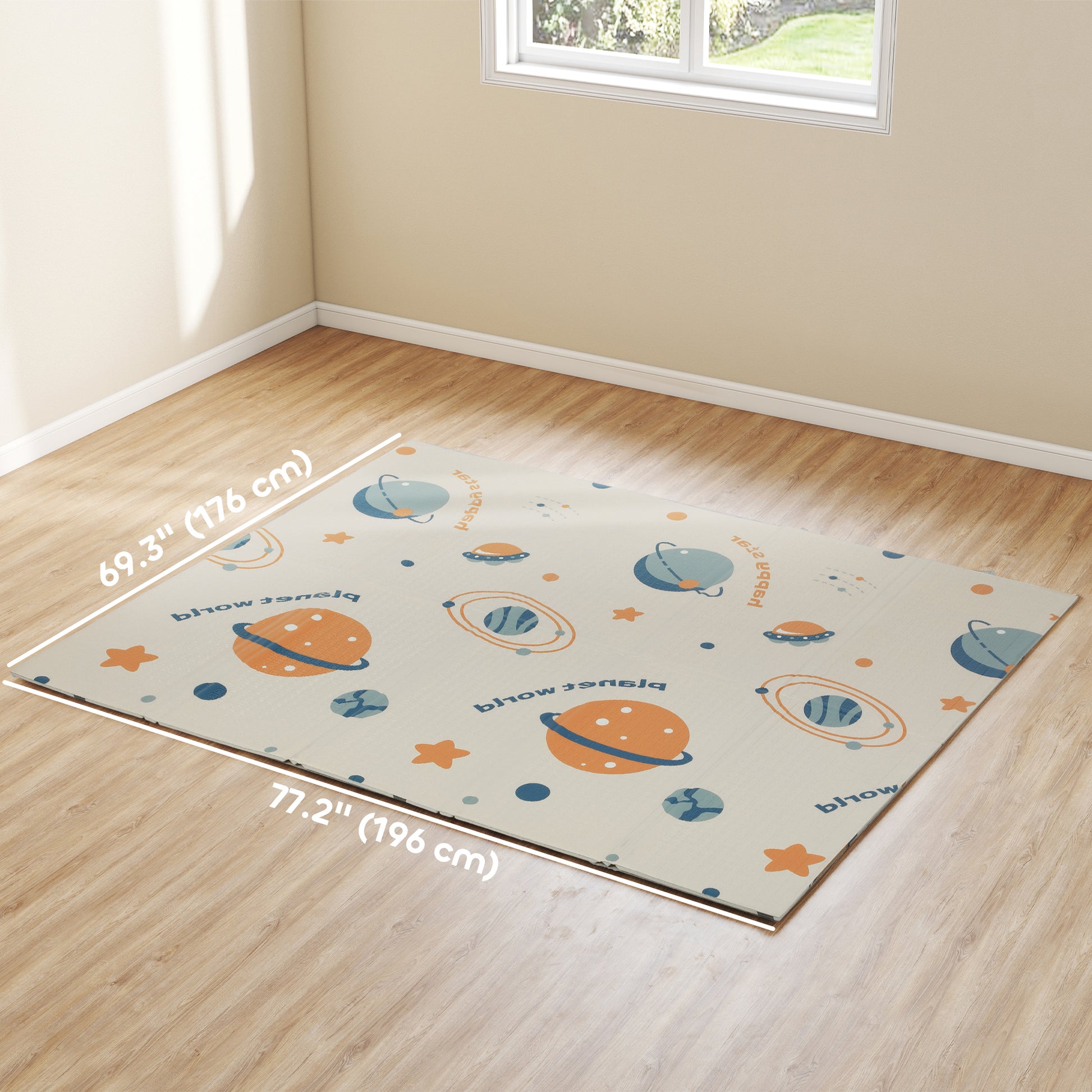 Qaba Foldable Baby Plat Mat, 77" x 69" Kids Floor Mat for Crawling and Learning, Astronaut & Planet Theme