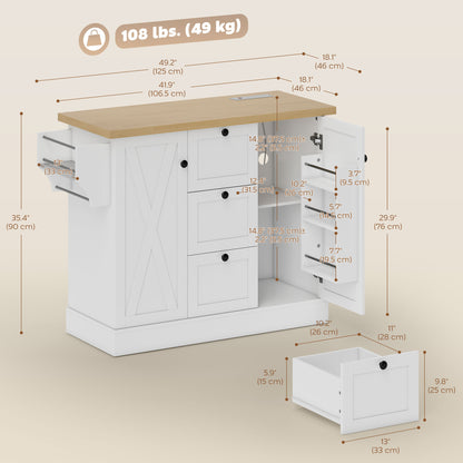 Farmhouse Kitchen Island Cart with Power Outlet and Soft-Close Doors, 49" Kitchen Island with 3 Drawers, White