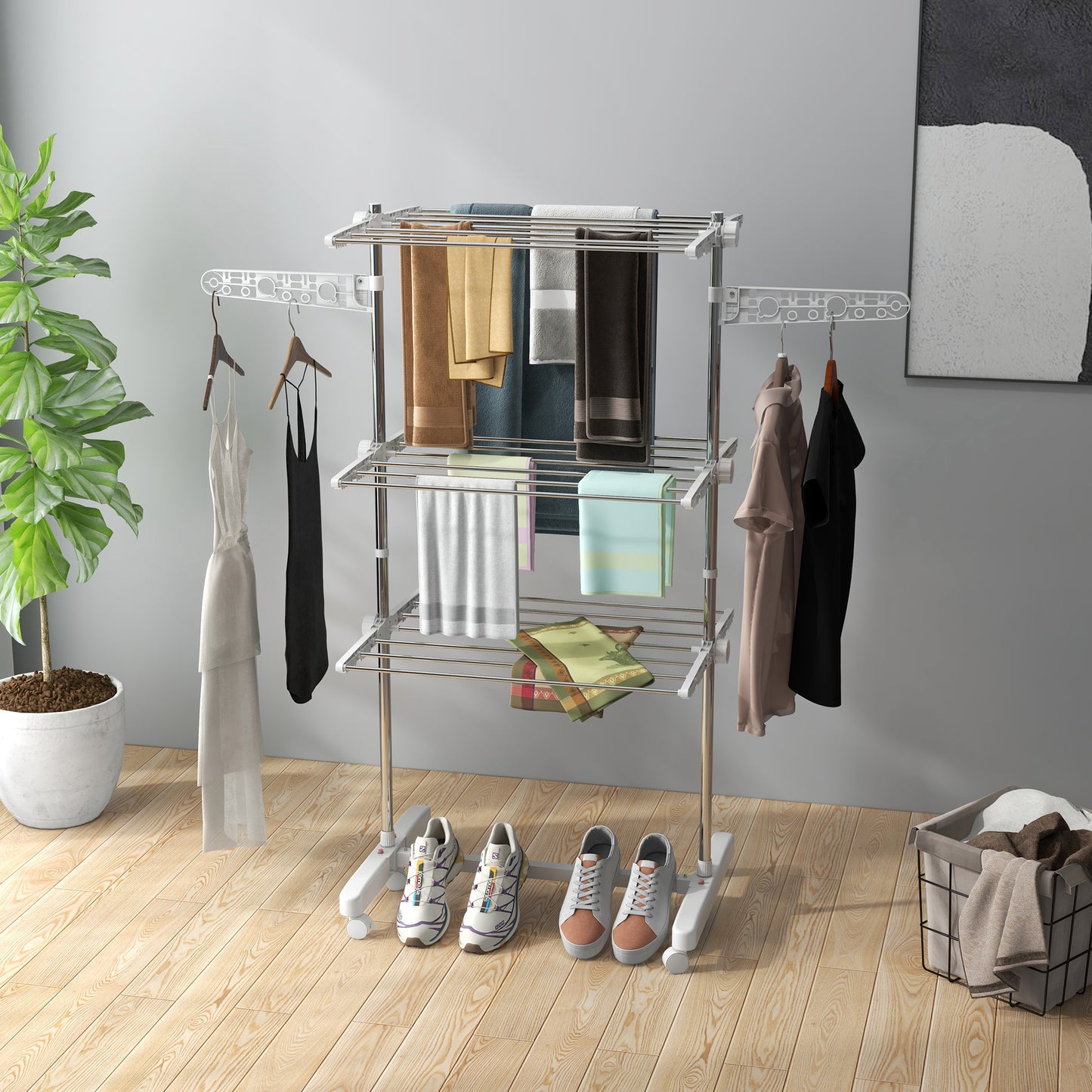3-Tier Foldable Clothes Drying Rack, Stainless Steel Laundry Rack with 2 Side Wings and 6 Castors, Collapsible Adjustabl