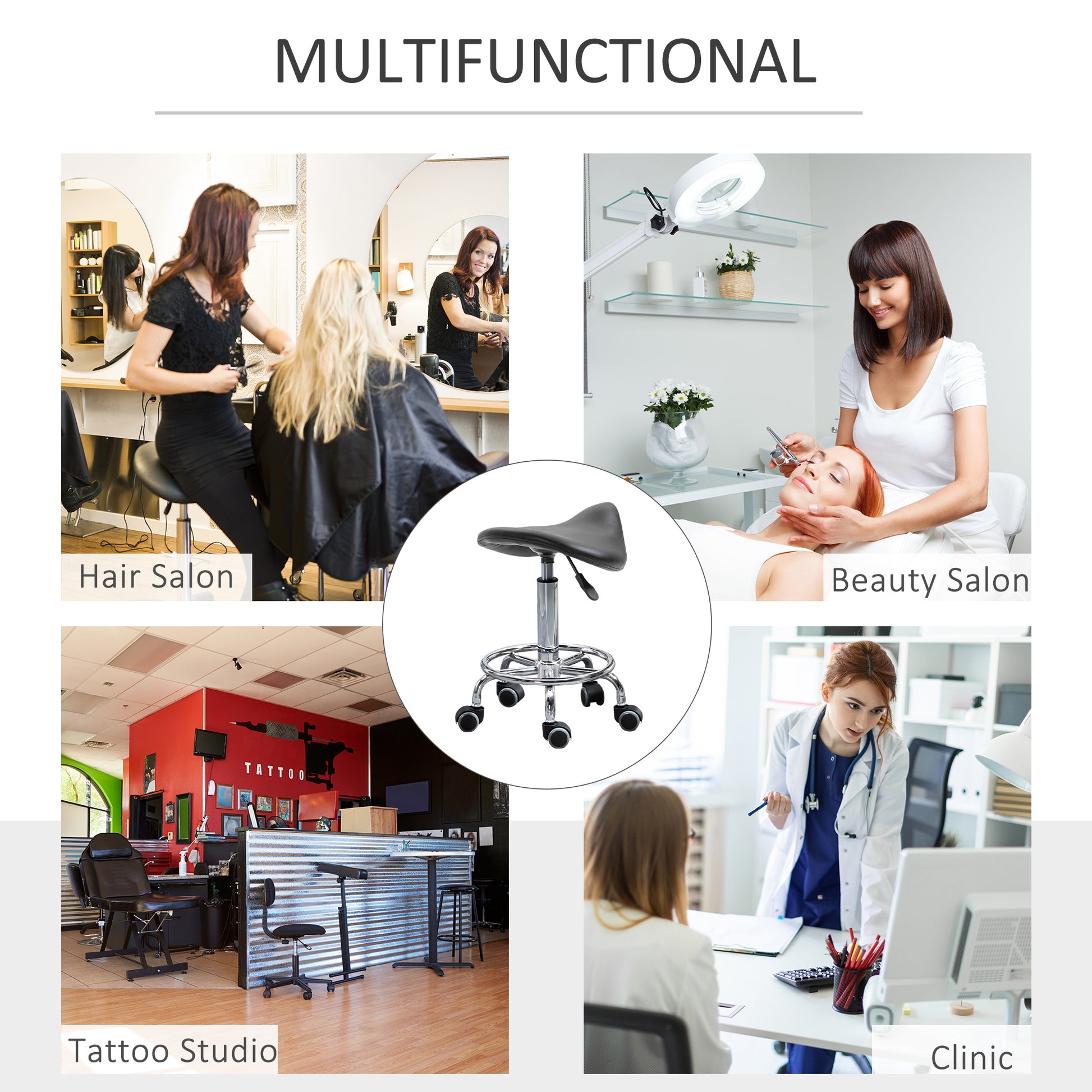 Saddle Stool, PU Leather Adjustable Rolling Salon Chair for Massage, Spa, Clinic, Beauty and Tattoo, Black