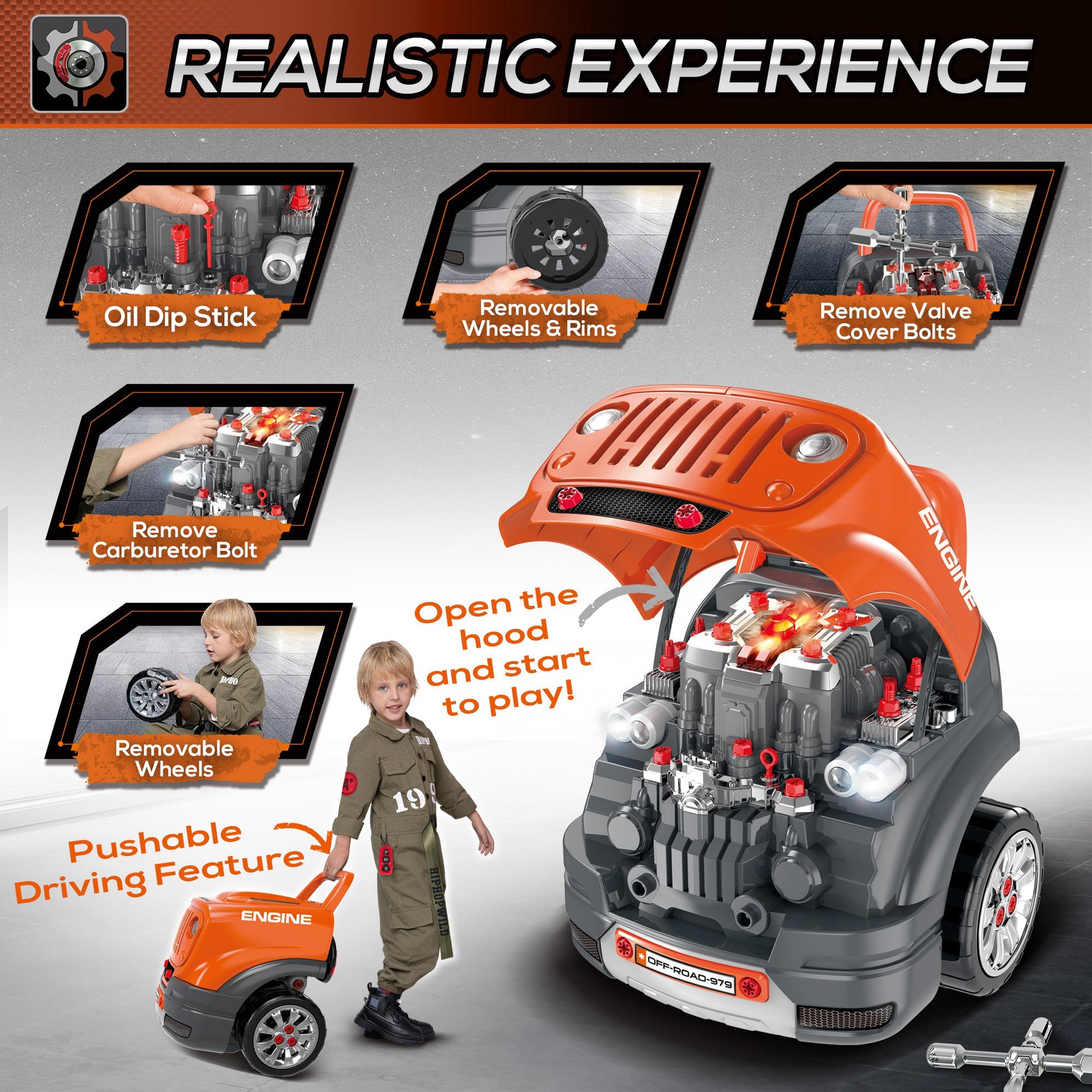Qaba Kids Truck Engine Toys, Kids Mechanic Workshop Set with Light, Sounds, Steering Wheel and Horn for Boys Girls 3 4 5
