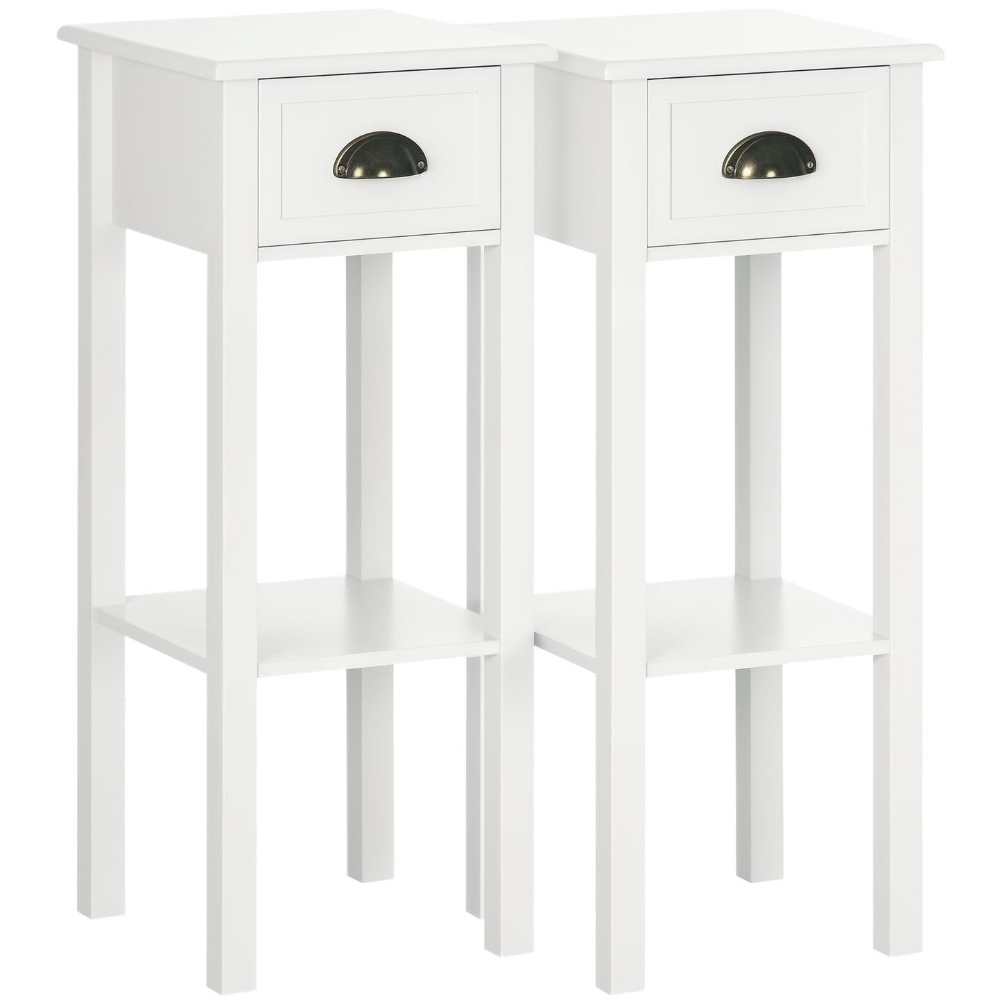 2 Tier Side Table, Set of 2, Narrow Tall End Table with Drawer and Shelf, Slim Wooden Nightstand for Living Room, Bedroo