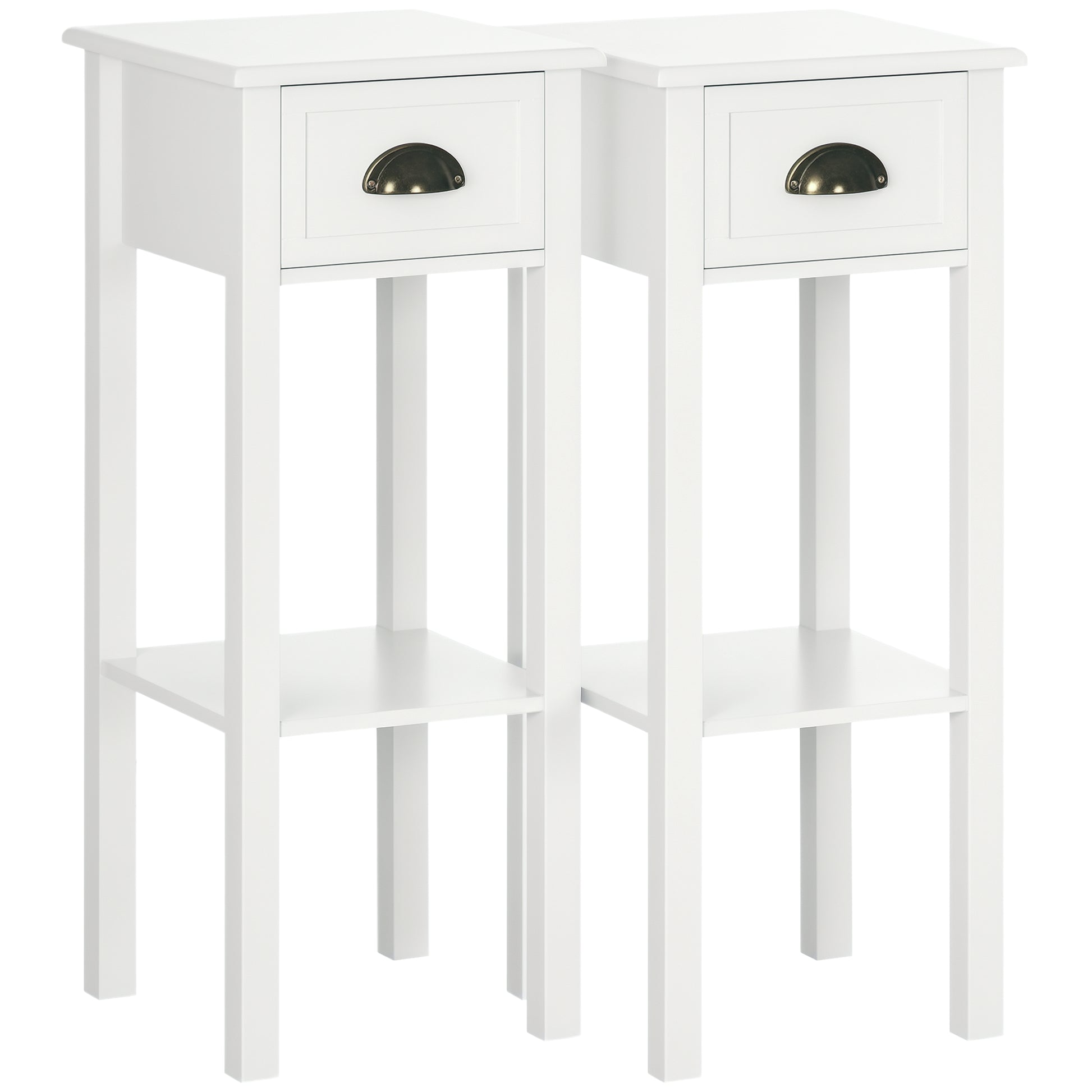 2 Tier Side Table, Set of 2, Narrow Tall End Table with Drawer and Shelf, Slim Wooden Nightstand for Living Room, Bedroo