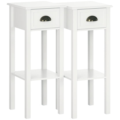 2 Tier Side Table, Set of 2, Narrow Tall End Table with Drawer and Shelf, Slim Wooden Nightstand for Living Room, Bedroo