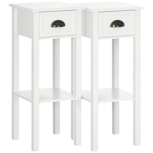 2 Tier Side Table, Set of 2, Narrow Tall End Table with Drawer and Shelf, Slim Wooden Nightstand for Living Room, Bedroo