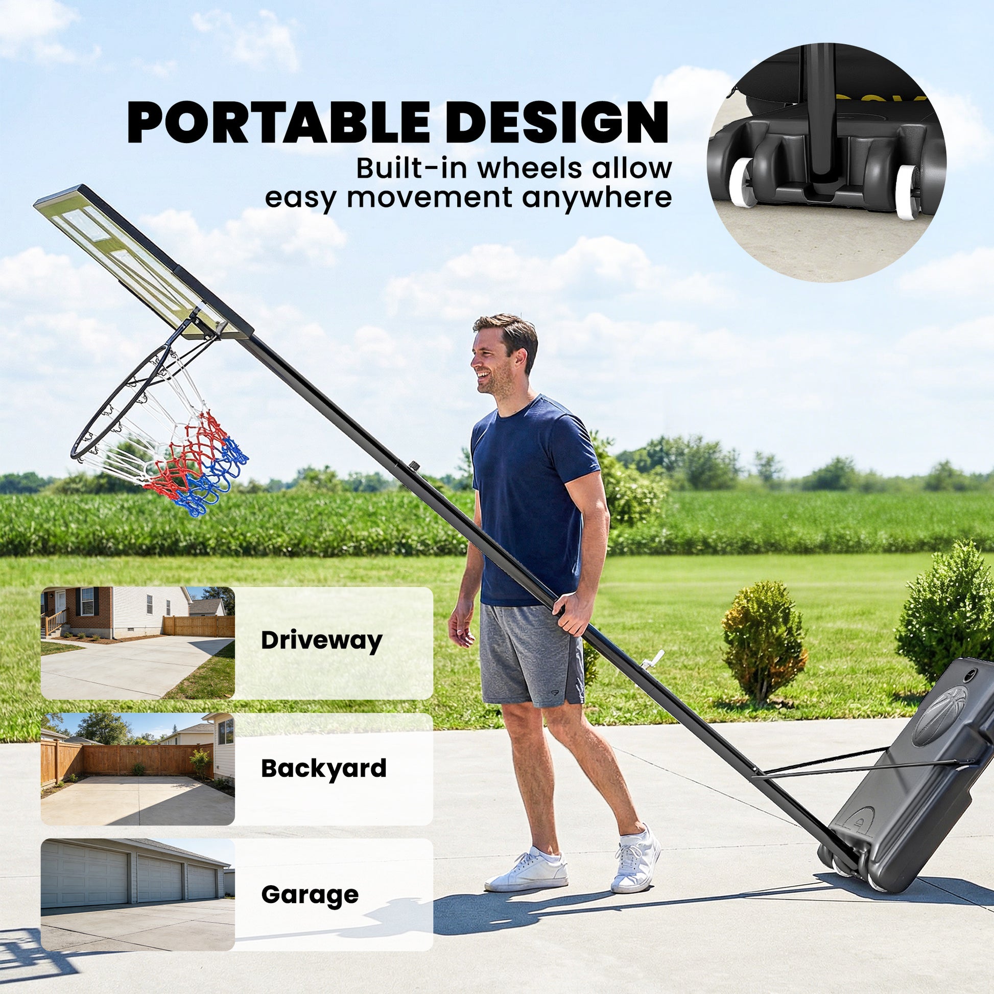 Soozier Basketball Hoop Stand Outdoor, 4.4–10 ft Single Hand Rotation Adjustable with Shatterproof Backboard & Weight Ba