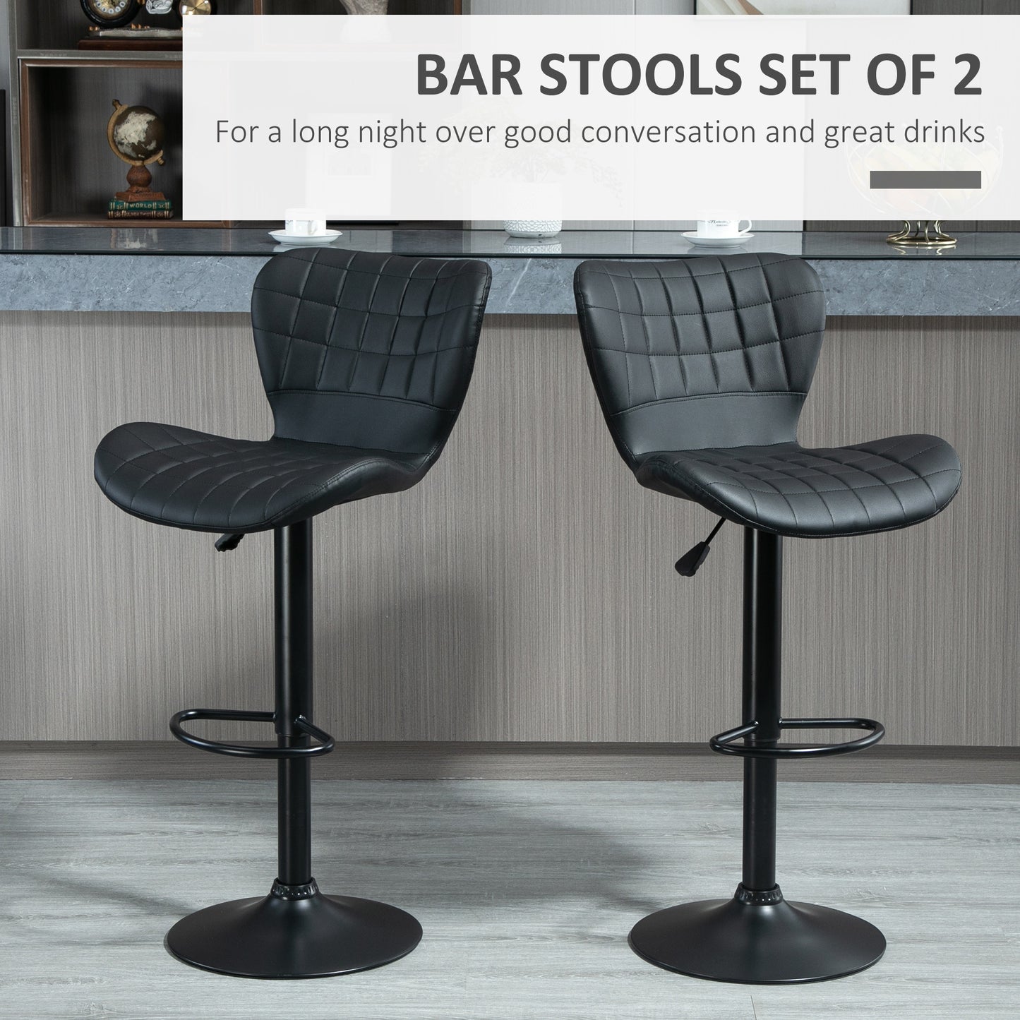 Bar Stools Set of 2, Adjustable Height Swivel Bar Chairs, PU Leather Upholstered Kitchen Counter Stools with Wide Seat, 