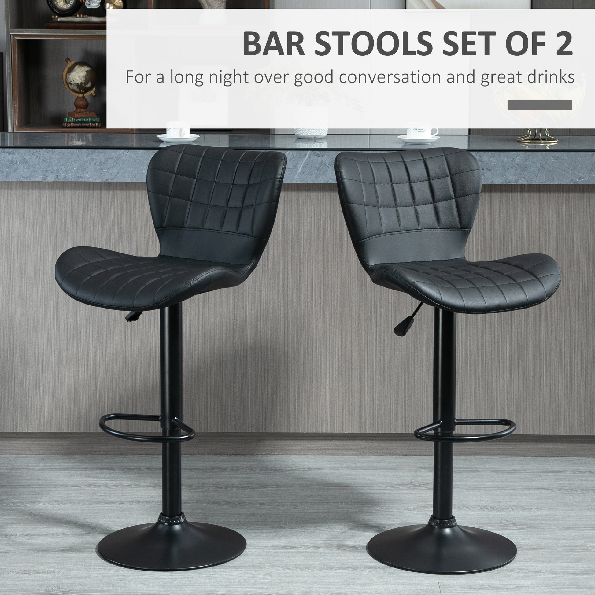 Bar Stools Set of 2, Adjustable Height Swivel Bar Chairs, PU Leather Upholstered Kitchen Counter Stools with Wide Seat, 