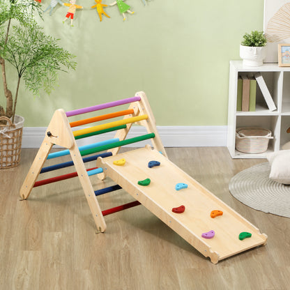 Qaba Pikler Triangle Set, 3 in 1 Climbing Toys with Ramp for Toddlers, Nature Wood