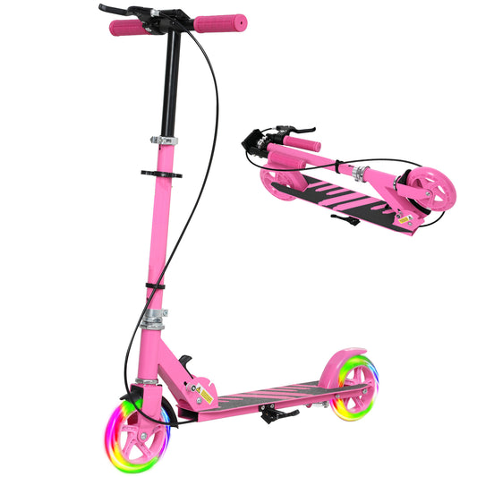 Qaba Scooter for Kids Ages 3-8 with Light Up Wheels, Adjustable Handlebar, Rear Brake & Handbrake for Girls and Boys, Pi