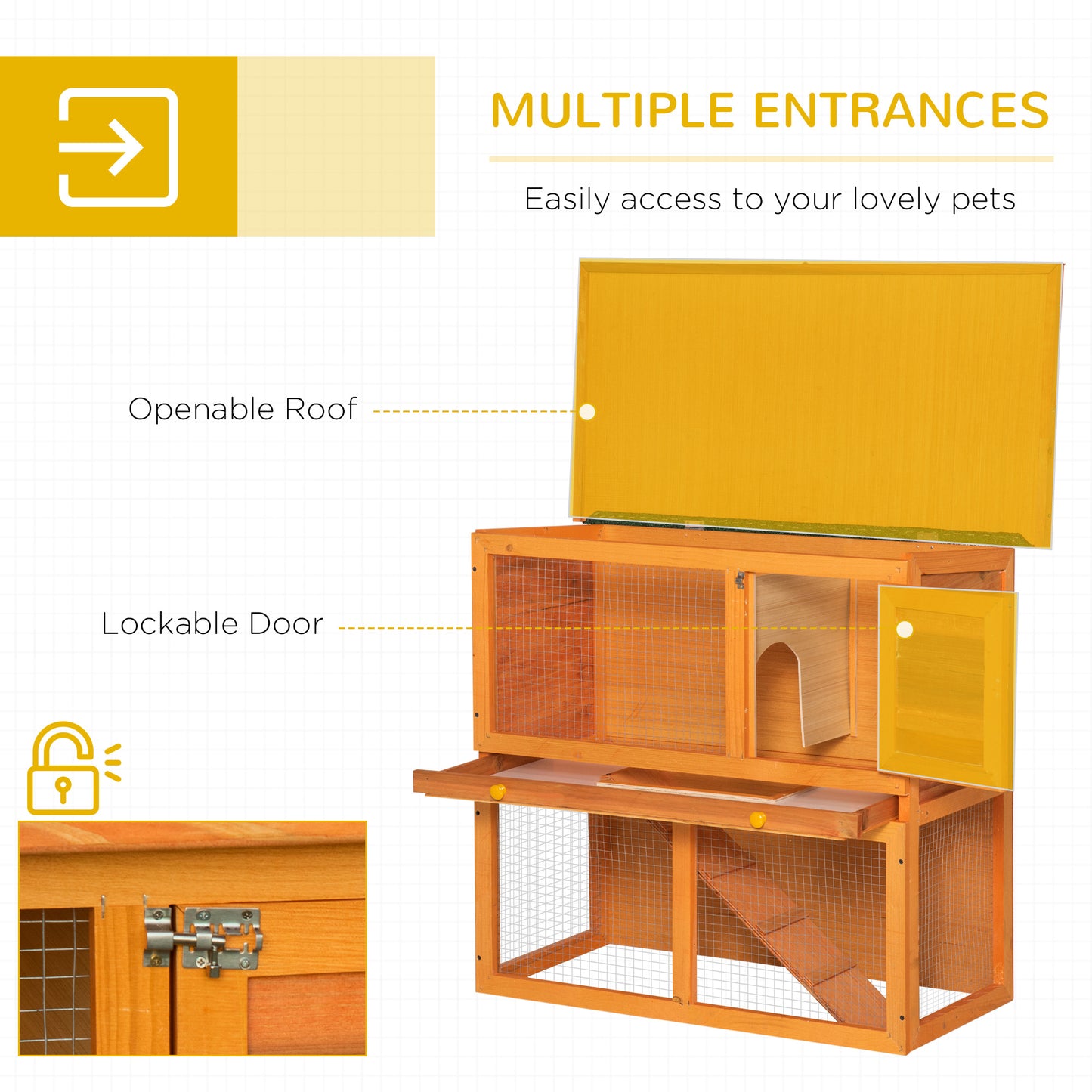 Wooden Rabbit Hutch, Indoor Outdoor Bunny Cage with Run, 2- Level Guinea Pig House with Slide-Out Tray, Waterproof Roof,