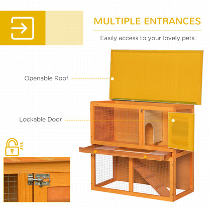 Wooden Rabbit Hutch, Indoor Outdoor Bunny Cage with Run, 2- Level Guinea Pig House with Slide-Out Tray, Waterproof Roof,