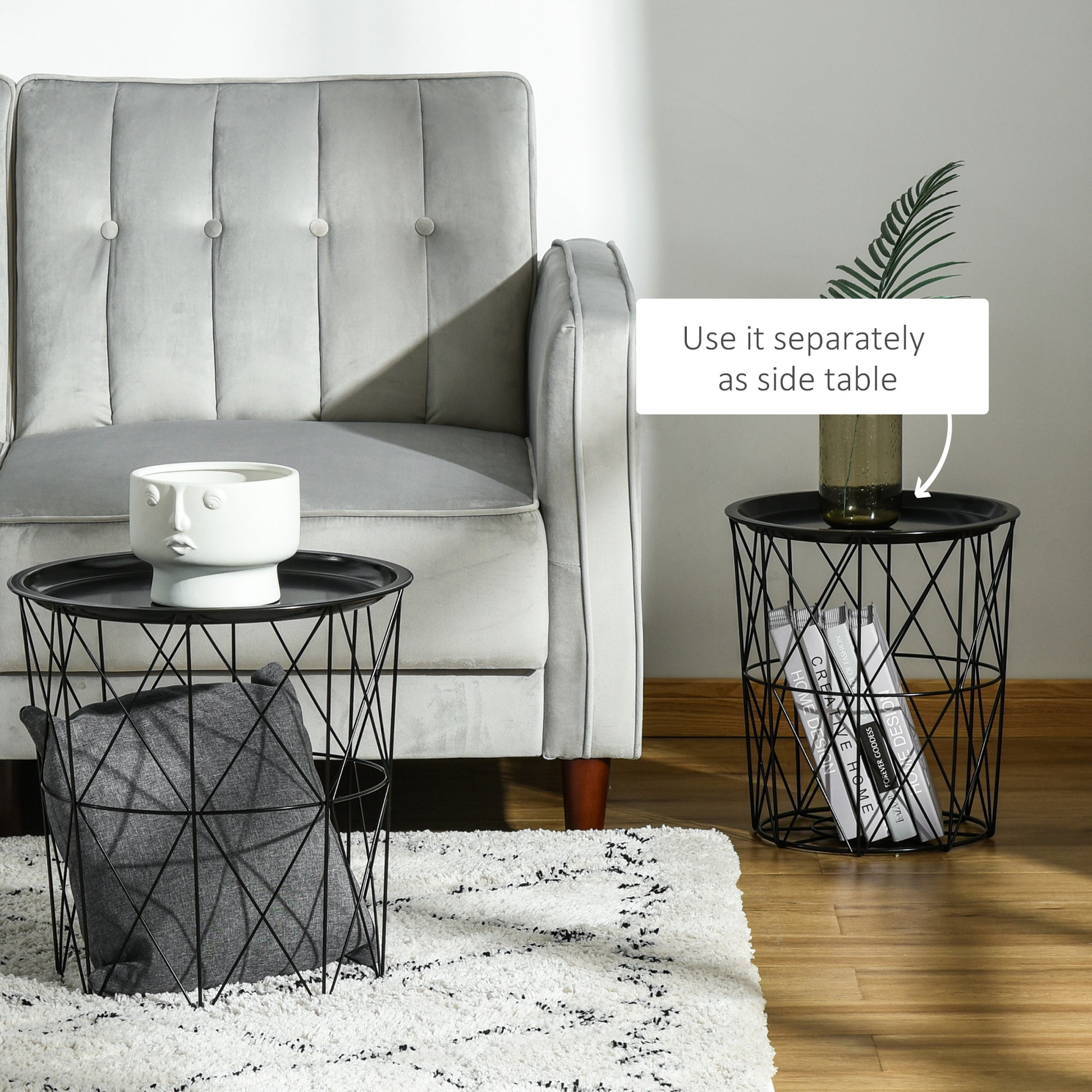 Set of 3 Nesting Coffee Tables with Storage, Round End Table with Removable Tray, Basket Side Tables with Metal Frame fo