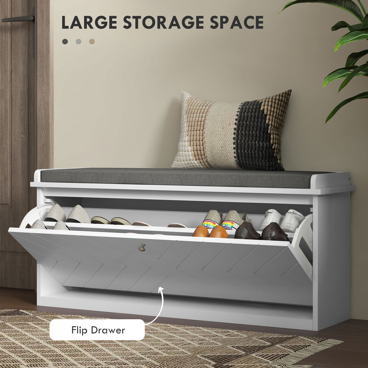 Shoe Storage with Seat, Upholstered Hallway Bench, Shoe Bench with Flip Drawer, Adjustable Shelf for 8-10 Pairs of Shoes