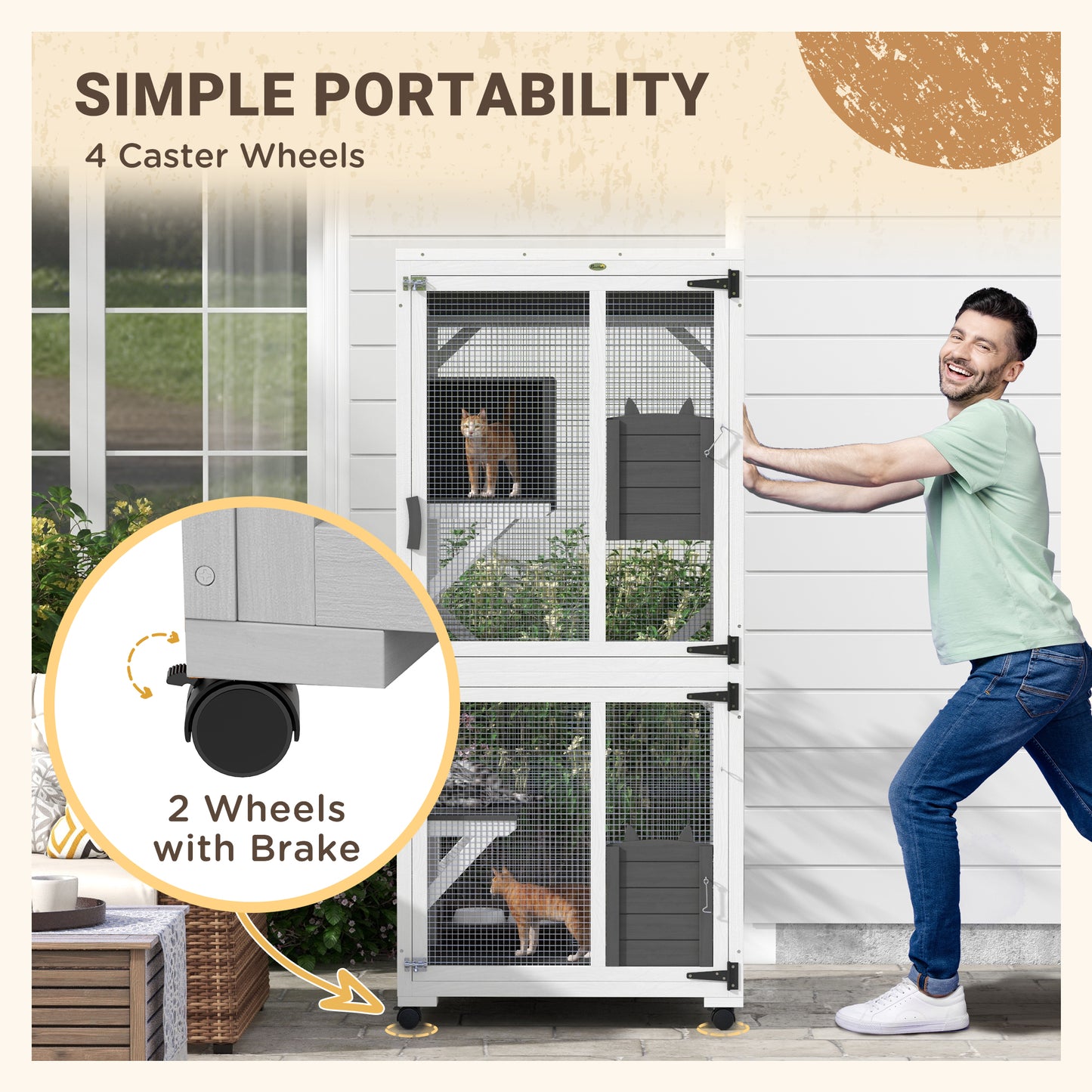 Catio Outdoor, Elevated Design, with Wheels, Resting Box, Water-Resistant, Multi Platforms, White & Grey