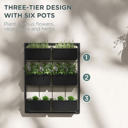 3-Tier Wall Planter with 6 Pots for Indoor and Outdoor Use, Hanging Plant Holder, Self Draining Wall Mounted Planter