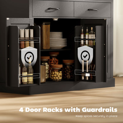 7 Gallon Tilt Out Garbage Cabinet, Kitchen Island with Charging Station, 2 Drawers, 4 Door Racks, Black