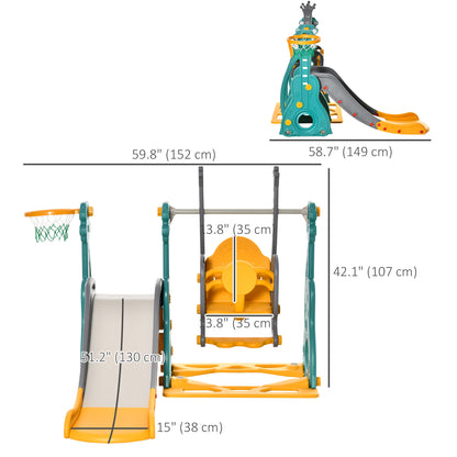 Qaba 4-in-1 Toddler Slide and Swing Set with Basketball Hoop and Adjustable Seat Height, Kids Play Climber Slide Playset