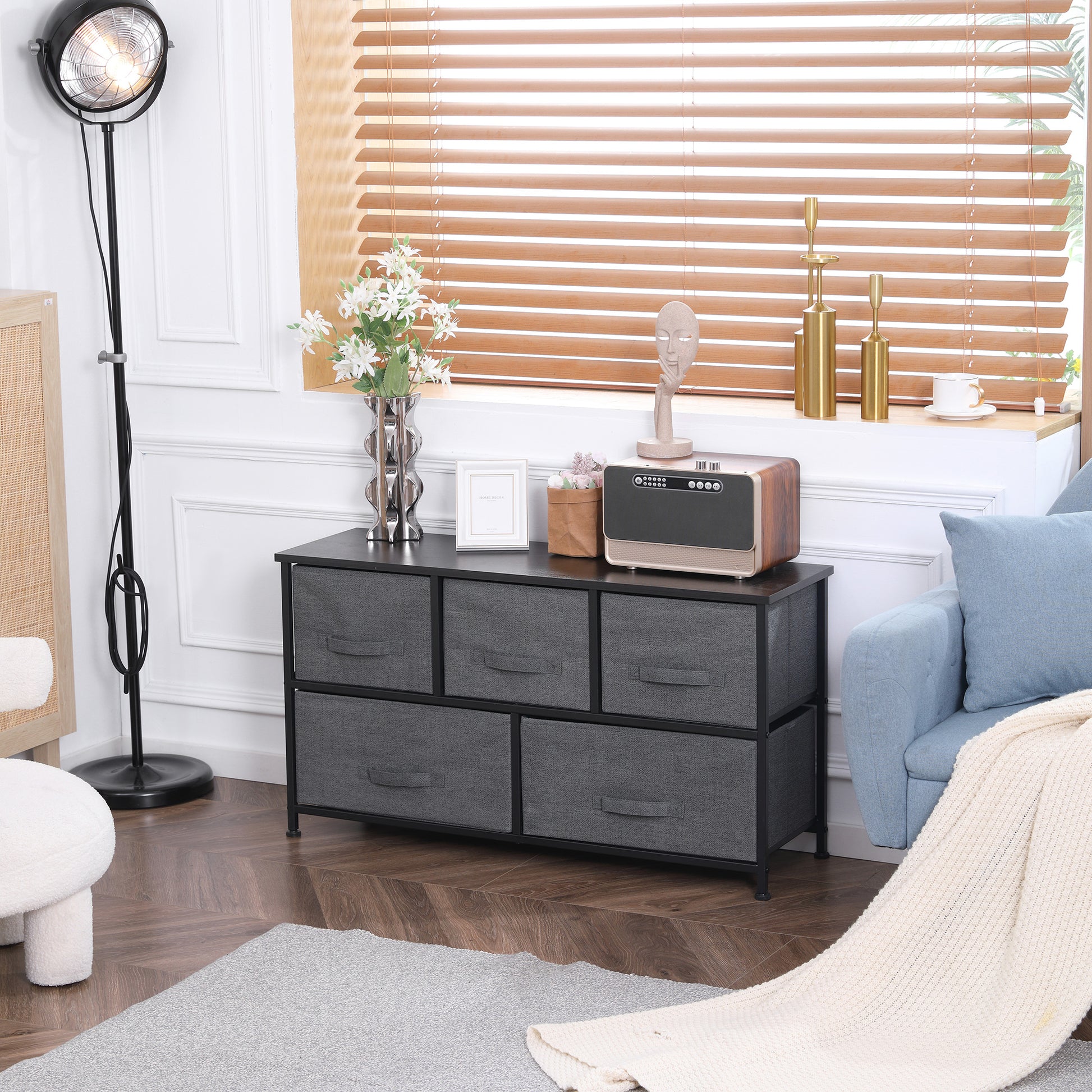 Linen Drawer Cabinet Organizer Storage Dresser Tower with 5 Removable Drawer Metal Frame Adjustable Feet for Living Room