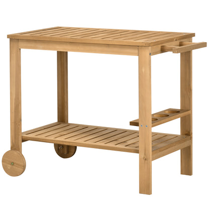 Outdoor Bar Cart, Wood Rolling Home Bar & Serving Cart with 2 Shelves, Wine Bottle Holders for Garden, Dining Room, Natu