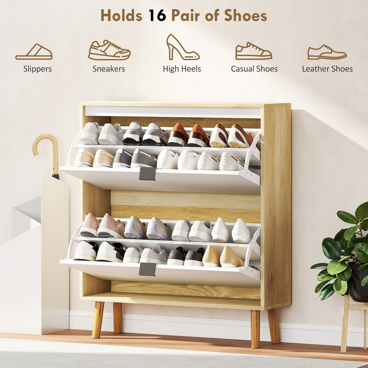 Narrow Shoe Cabinet, High Gloss Shoe Storage Cabinet with 2 Flip Drawers and Adjustable Shelves, Holds 16 Pairs, White