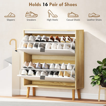Narrow Shoe Cabinet, High Gloss Shoe Storage Cabinet with 2 Flip Drawers and Adjustable Shelves, Holds 16 Pairs, White