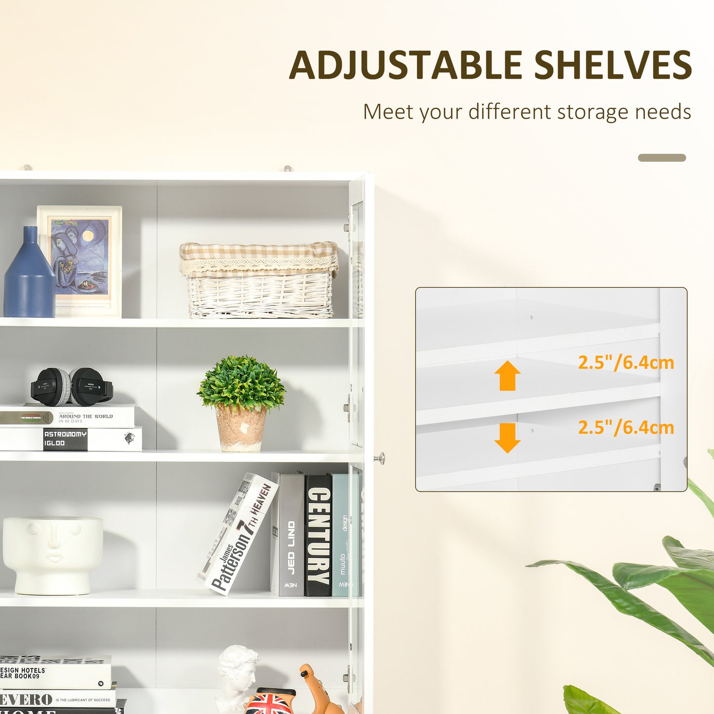 71" Bookcase Storage Cabinet with Doors, Modern Tall Bookshelf with 2 Adjustable Shelves, Display Unit for Study, Living