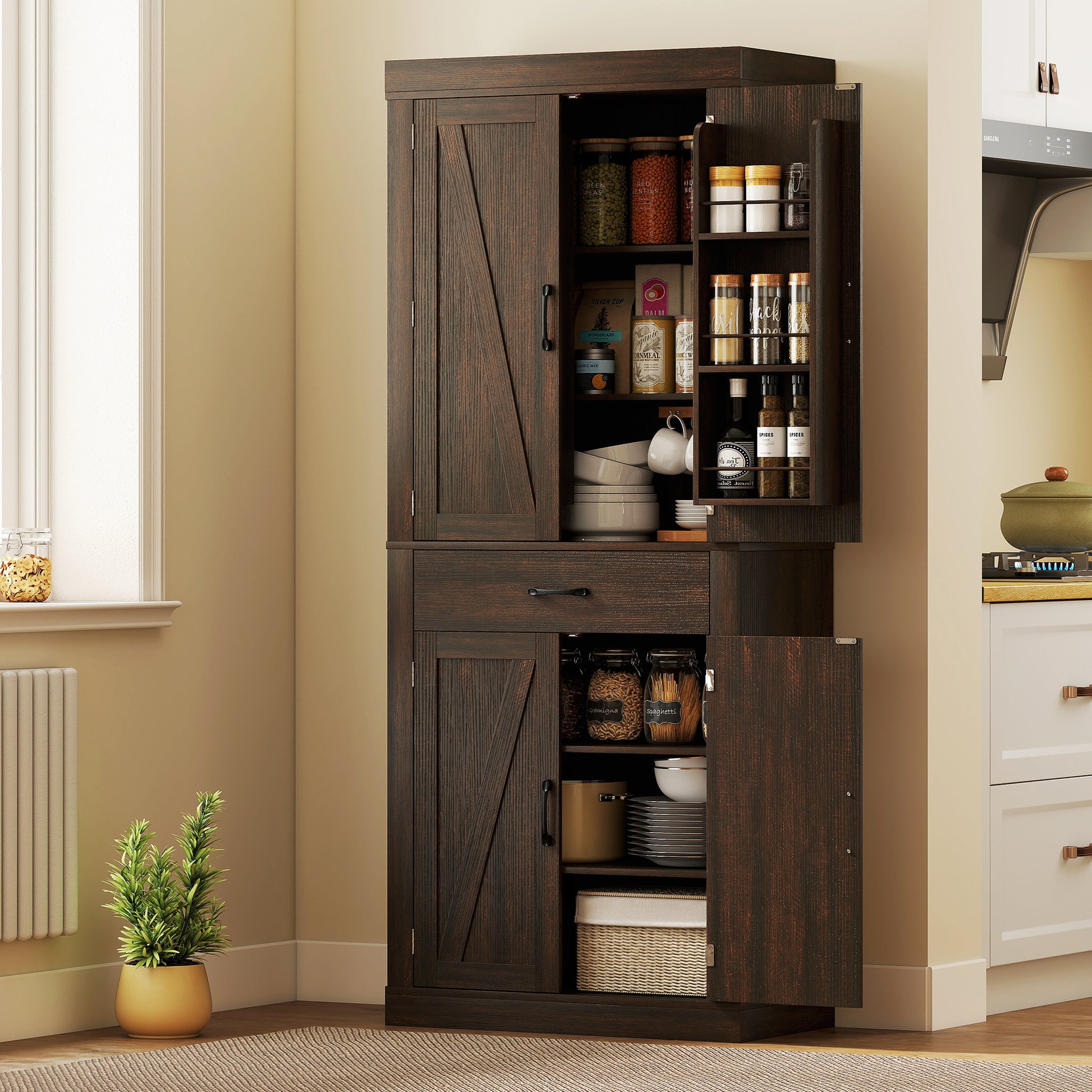 72" Kitchen Pantry Cabinet, Farmhouse Kitchen Storage Cabinet with 4 Barn Doors, 6 Door Shelves, Drawer, Brown