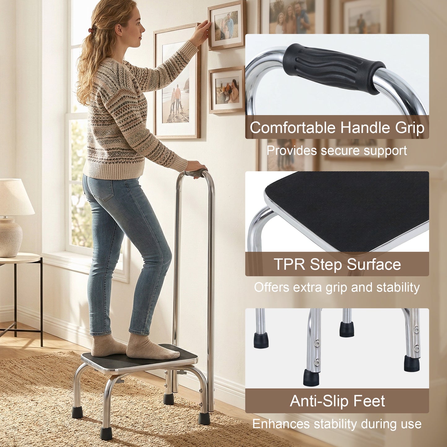 Step Stool with Handle for Adults and Seniors, Heavy Duty Metal Foot Step Stool for Elderly, Portable Stool with Anti-sl