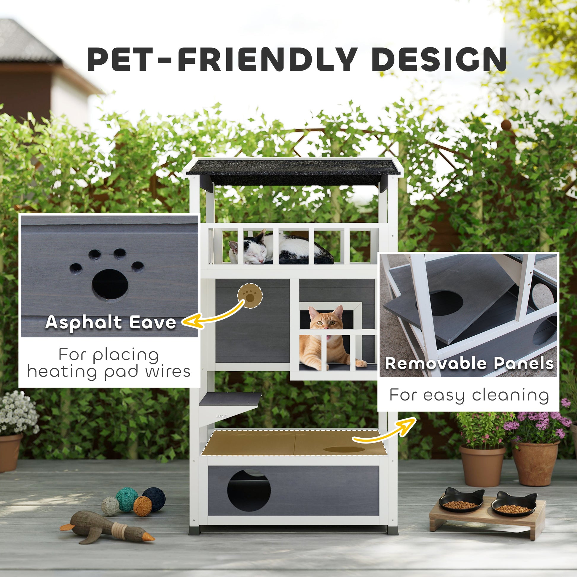4-Floor Wood Outdoor Cat House Catio for Cats with Condo, Fun Entrances, Perch, Grey