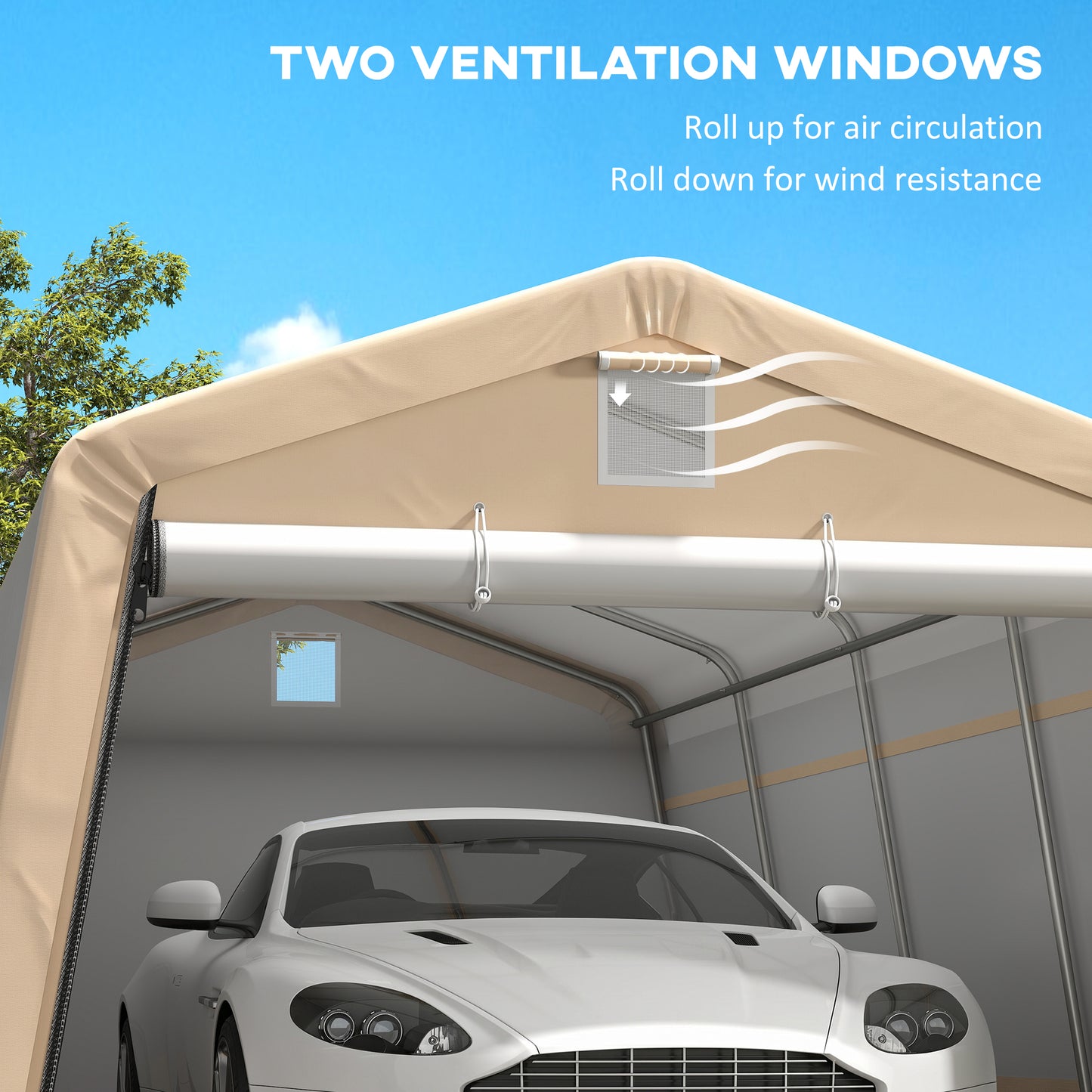 11' x 20' Portable Garage, Heavy Duty Carport Canopy with Ventilation Windows and Large Roll-up Door, Khaki