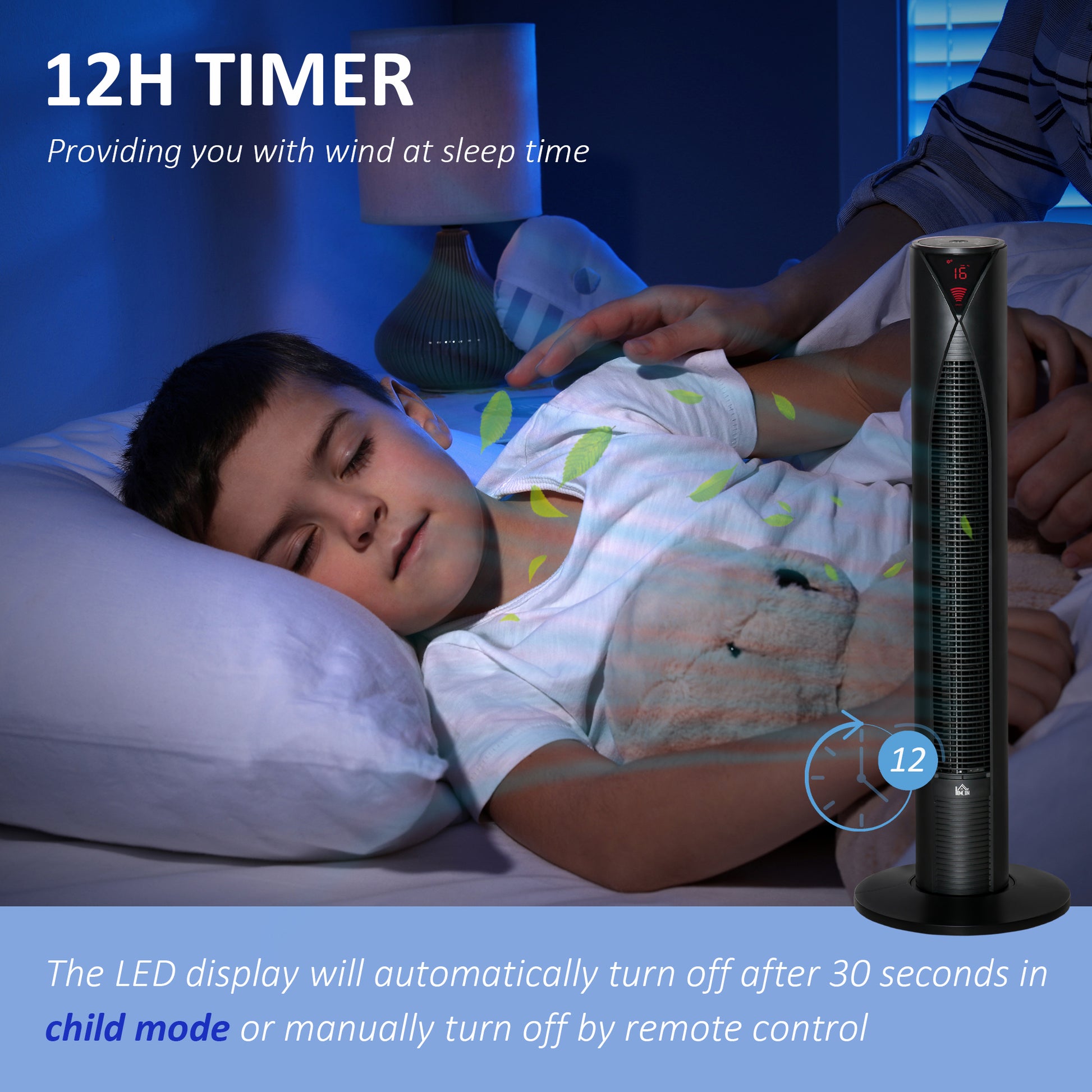 Freestanding Tower Fan Cooling for Home Bedroom with 3 Speed, 12h Timer, Oscillating, LED Sensor Panel, Remote Controlle