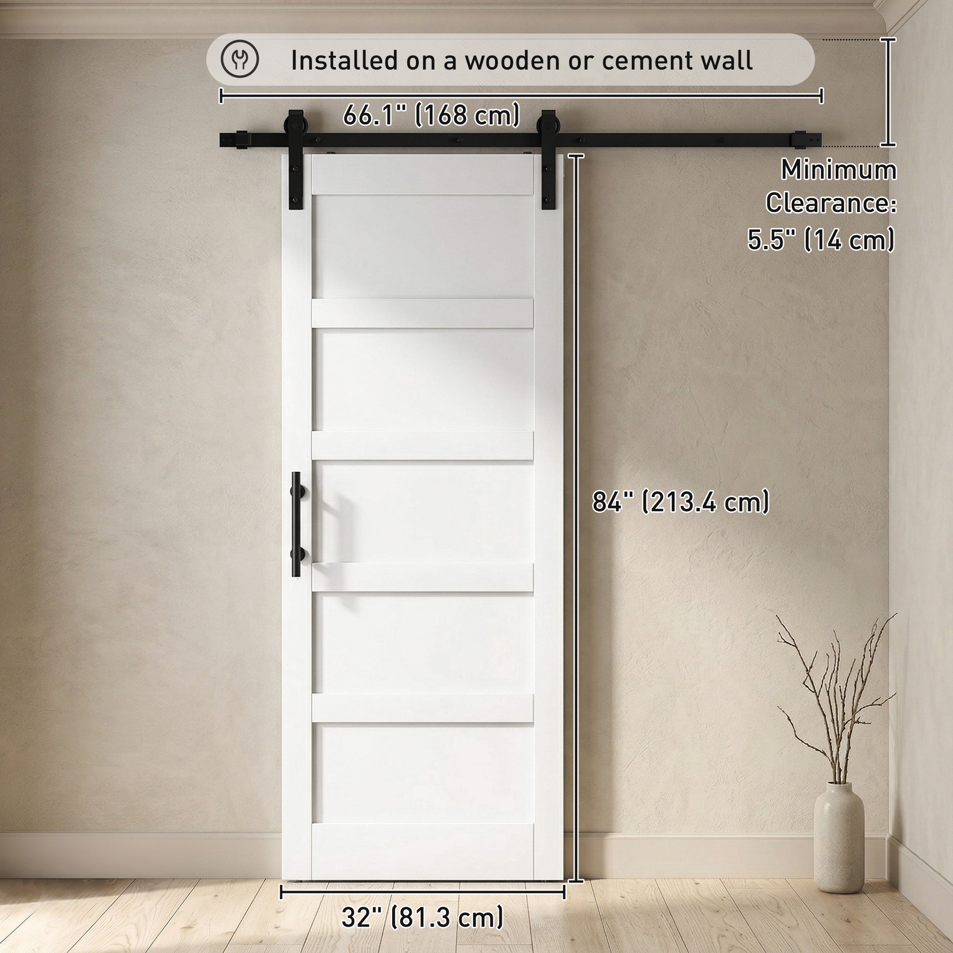 32"x84" Sliding Barn Door with Hardware Kit, Shaker Style Sliding Door with Handle, Track, Floor Guide, White Wood Grain