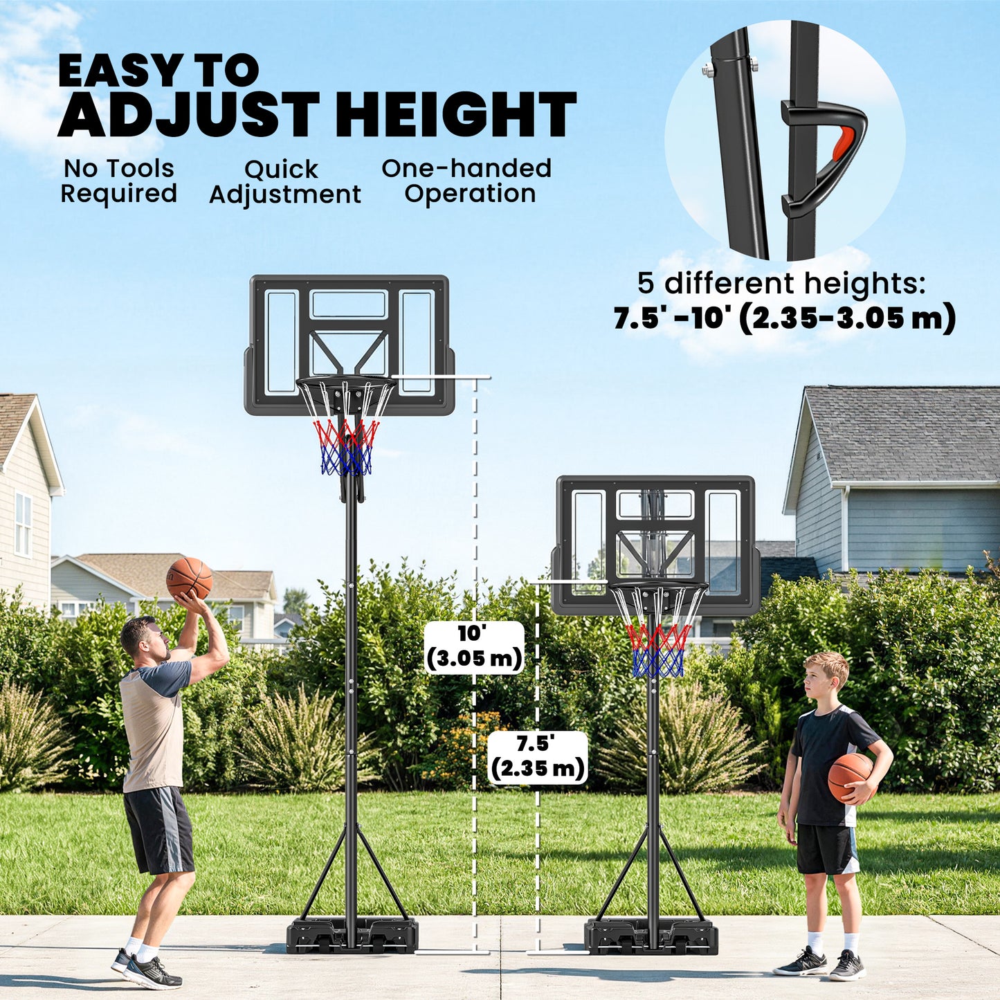 Soozier Basketball Hoop, 7.7 FT to 10 FT Adjustable, Portable Basketball Goal with 43'' Shatterproof Backboard,Fillable 