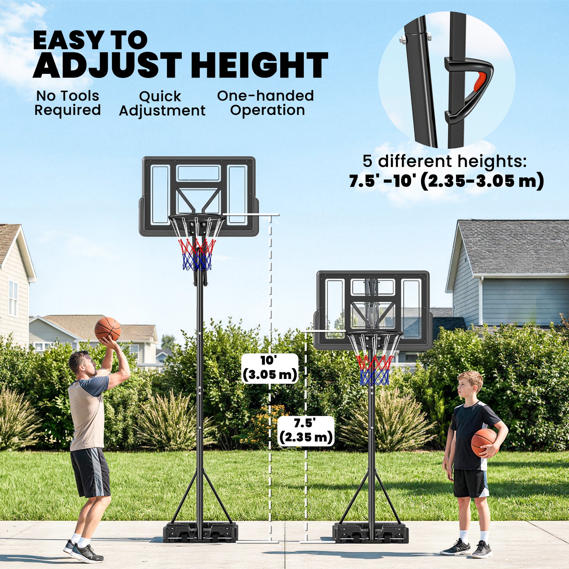 Soozier Basketball Hoop, 7.7 FT to 10 FT Adjustable, Portable Basketball Goal with 43'' Shatterproof Backboard,Fillable 