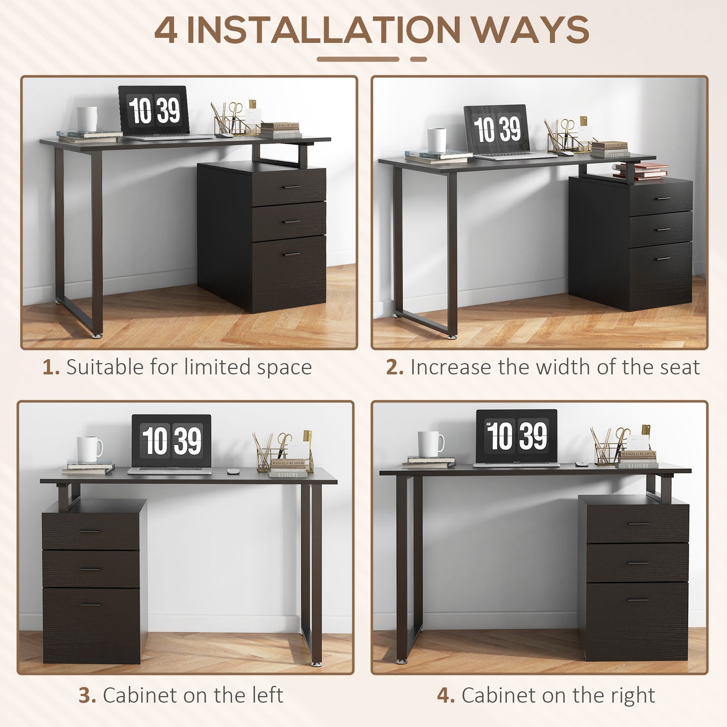 47" Computer Desk with Drawers, Modern Writing Desk with Storage File Drawers for Home Office, Study, Black