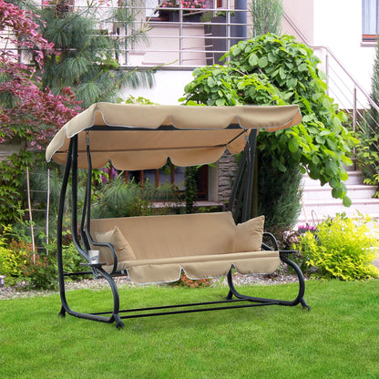 3-Seat Outdoor Patio Swing Chair, 2-in-1 Convertible Flat Bed, Canopy Swing with Adjustable Shade, Removable Cushions, C