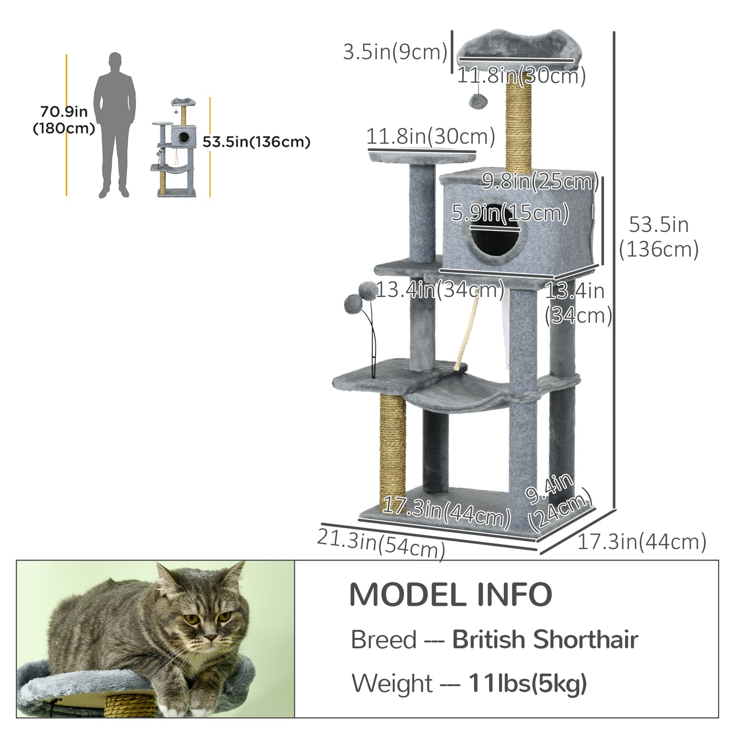 54" Cat Tree for Larger Cats Adult with Hammock, Tal Cat Tree Tower with Scratching Post, Condo, Platforms, Play Balls f
