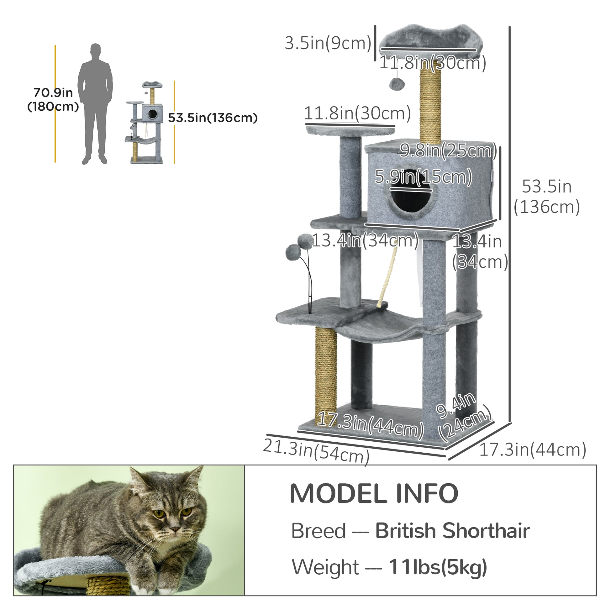 54" Cat Tree for Larger Cats Adult with Hammock, Tal Cat Tree Tower with Scratching Post, Condo, Platforms, Play Balls f