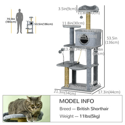 54" Cat Tree for Larger Cats Adult with Hammock, Tal Cat Tree Tower with Scratching Post, Condo, Platforms, Play Balls f